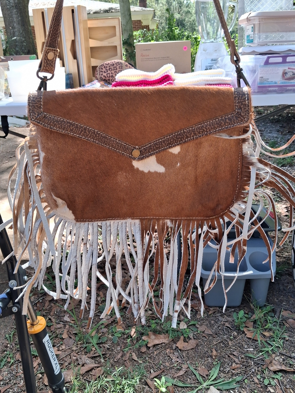 Myra Bag Brown and White Cowhide Fringe Crossbody Purse
